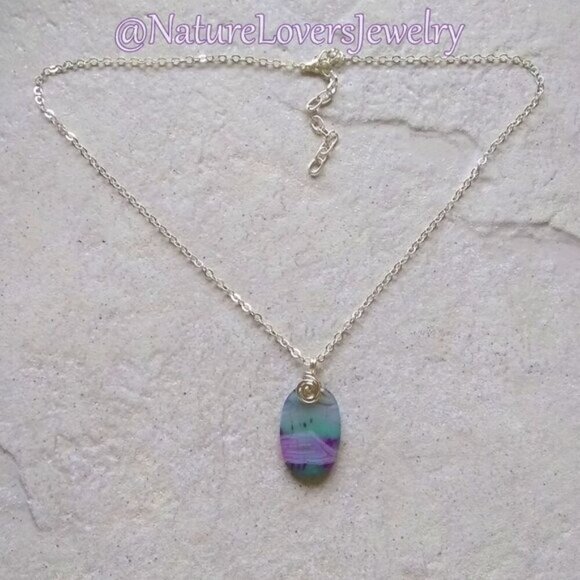 Pastel & Two Toned Agate Pendant + 19+3" Chain - Feminine Chic Boho Trendy OOAK - Picture 4 of 7